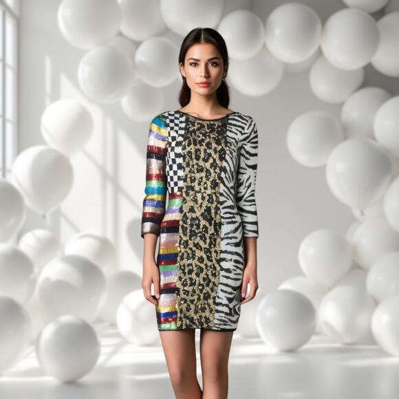 Alice + Olivia Jae Mixed Pattern Sequin Mini Dress Sz 2 Animal Print‎ Maximalist - Picture 1 of 12